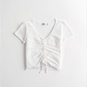 Textured Cinch-Front Crop Top (White) M